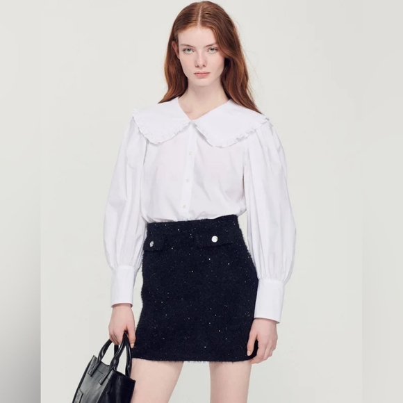 sandro Alda Ruffle Collar Button-Up Shirt in White - Picture 1 of 7